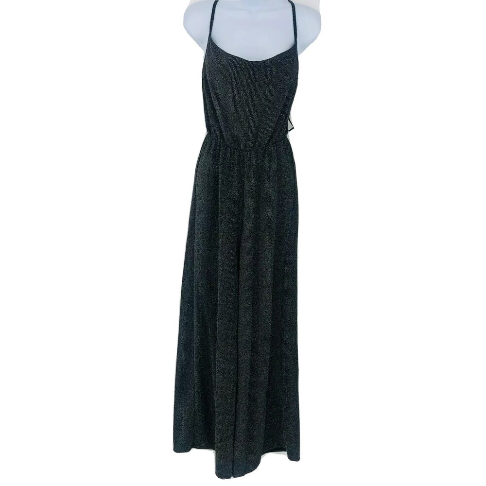 Urban Outfitters Black Metallic Cross Back Wide Leg Jump Suit Women's Size XS